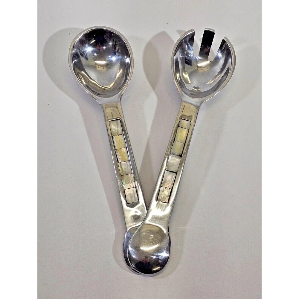 Towle Mother of Pearl Inlay Large Serving Spoon Salad Set 2 Utensils 11